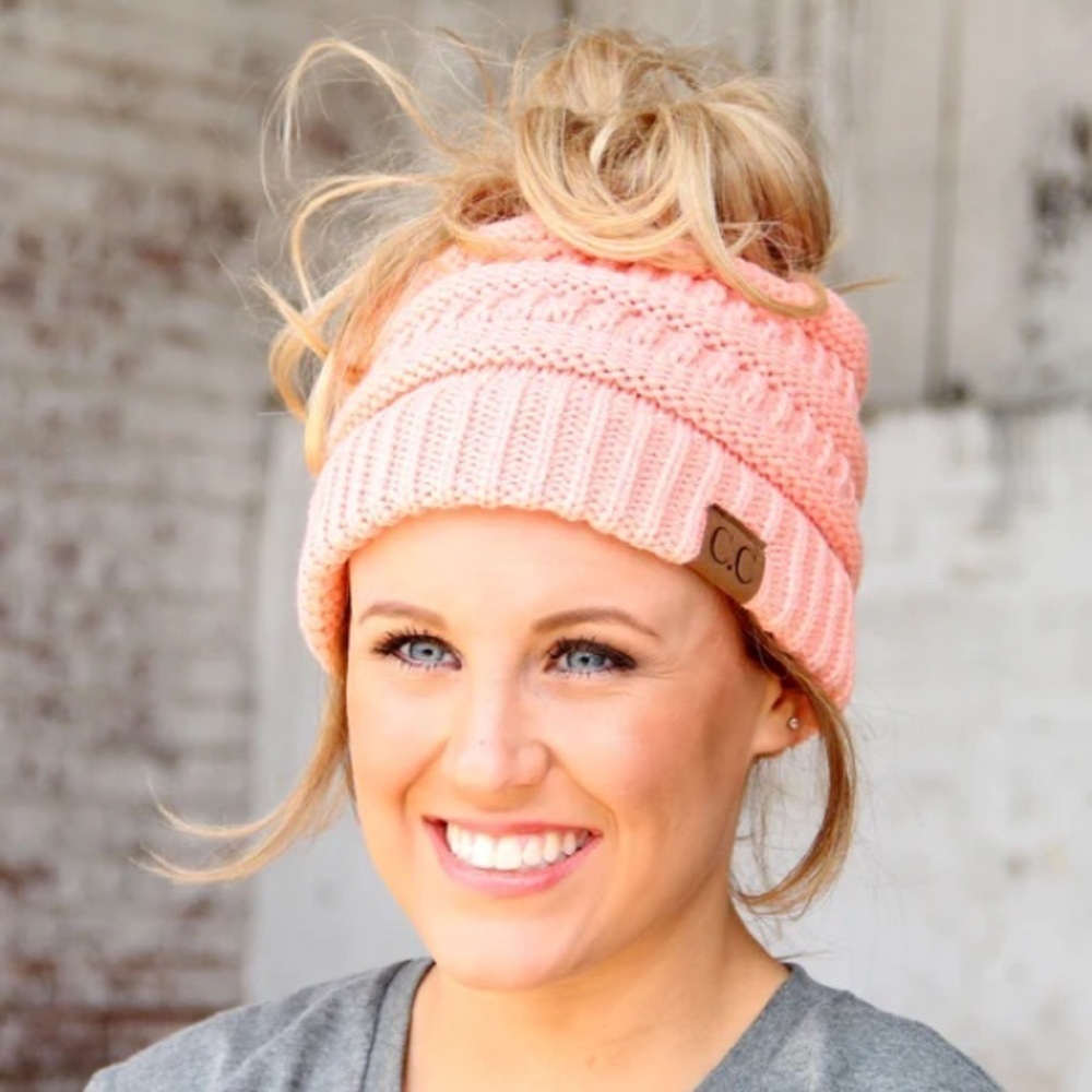 C.C Knit Beanie messy bun/ponytail - Speckled Tan hat - Picture 6 of 6